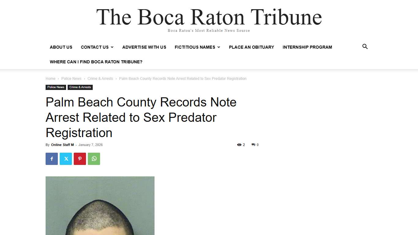 Palm Beach County Records Note Arrest Related to Sex Predator Registration - The Boca Raton Tribune